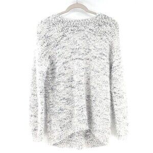 Fuzzy Gray White Chunky Knit Long Sleeve Round Neck Cozy Sweater Gray Size M